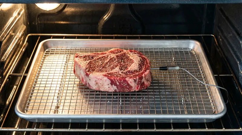 Elevating the meat on a wire rack allows warm air to circulate, drying the exterior for a superior crust.
