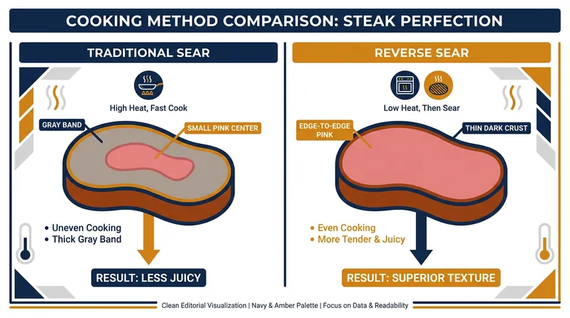 Traditional high-heat searing creates a gradient of overcooked meat, while the reverse sear cooks evenly.