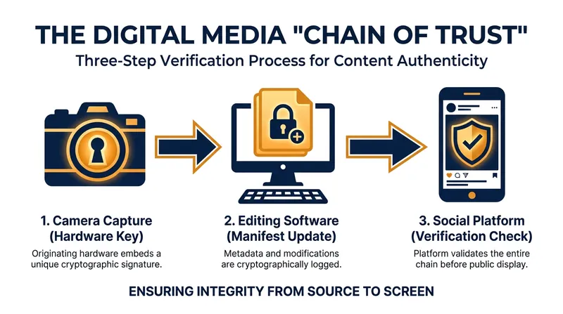 How C2PA establishes a tamper-evident chain of custody from capture to publication.