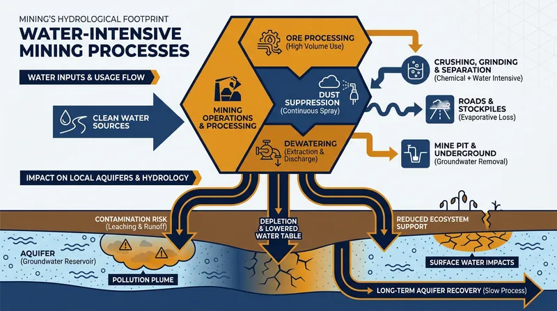 Mining operations require massive continuous water inputs, putting pressure on local aquifers.