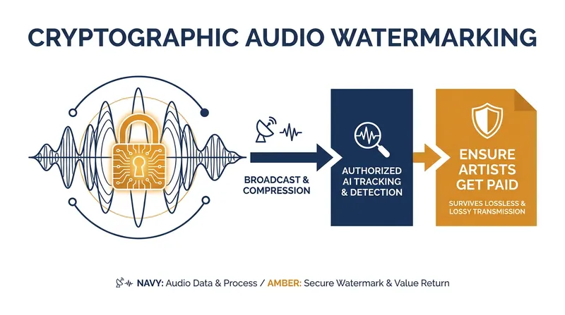 Acoustic watermarking allows platforms to track and monetize officially sanctioned AI tracks.