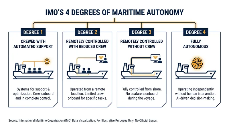 The International Maritime Organization categorizes autonomous shipping into four distinct tiers.