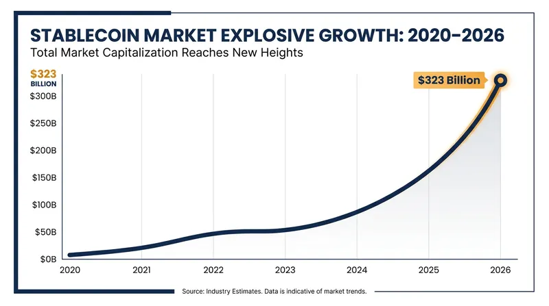 Total stablecoin market capitalization reached $323 billion in mid-2026 following key regulatory approvals.