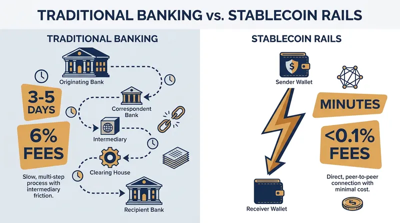 Blockchain-based settlement bypasses the fragmented correspondent banking network, drastically reducing time and cost.