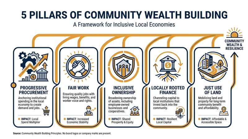 The five core pillars that make up the Community Wealth Building framework.