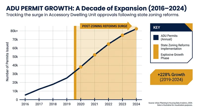 ADU permits have surged nationwide as states roll back restrictive zoning laws.