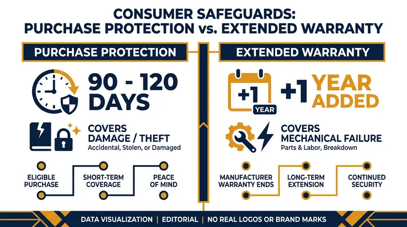 Purchase Protection covers immediate accidents, while Extended Warranty covers long-term mechanical failures.