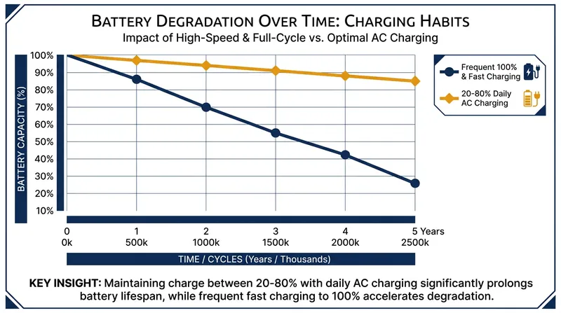 Keeping an EV battery between 20% and 80% charge significantly reduces chemical stress and degradation.