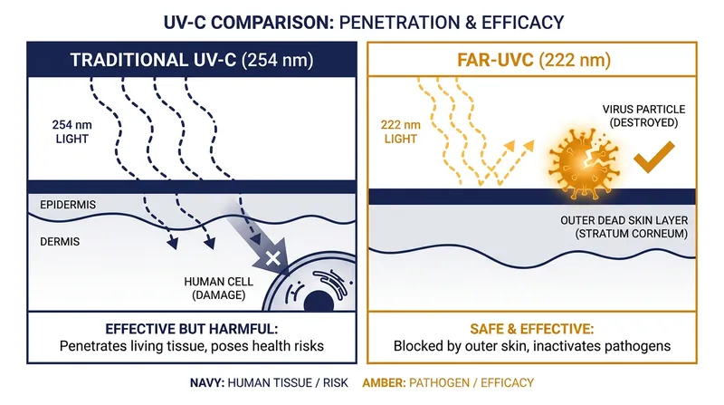 Far-UVC light operates at a wavelength that destroys viruses without penetrating living human cells.