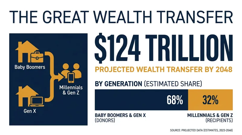 An estimated $124 trillion is projected to pass from baby boomers to younger generations by 2048.
