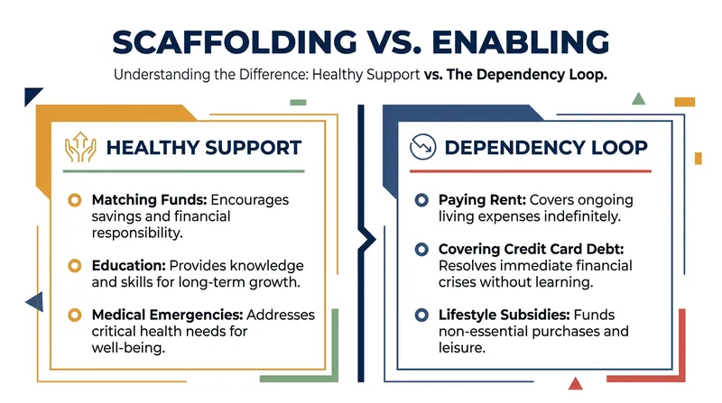 Financial scaffolding focuses on time-bound, goal-oriented assistance rather than permanent lifestyle subsidies.
