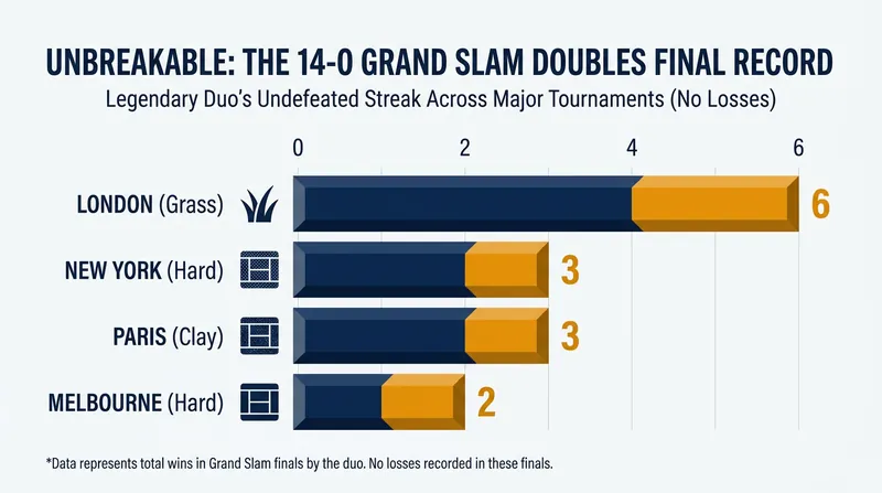 The duo's historic dominance spans all four major surfaces, heavily weighted toward the grass of SW19.