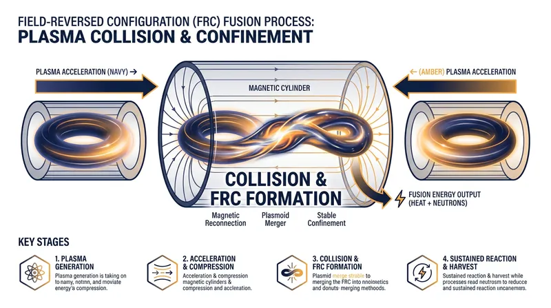 Helion's Field-Reversed Configuration accelerates two plasmas into a central collision to trigger fusion.