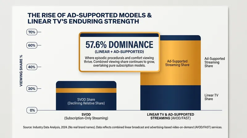 Ad-supported viewing heavily favors rewatchable, episodic formats over high-stress serialized dramas.