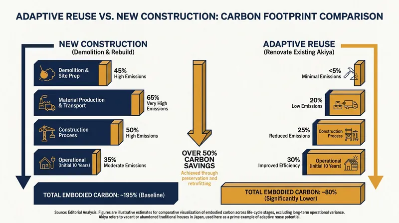 Adaptive reuse of existing structures significantly reduces the carbon footprint compared to new construction.