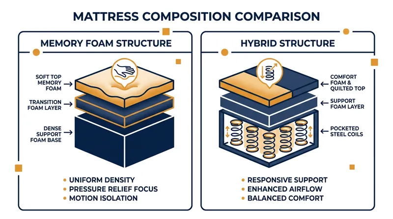While memory foam relies entirely on dense polyurethane layers, hybrid mattresses utilize a pocketed steel coil core for active pushback.
