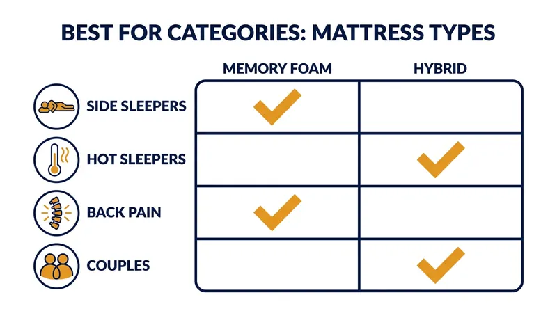 Matching a mattress type to your specific sleep profile is the most reliable way to improve sleep efficiency and reduce joint pain.