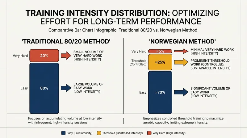 The Norwegian Method shifts the high-intensity workload into a highly controlled, moderate 'threshold' zone.