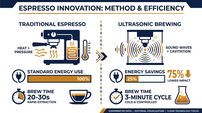 Ultrasonic brewing bypasses the energy-intensive heating process, cutting electricity use by roughly 75 percent.