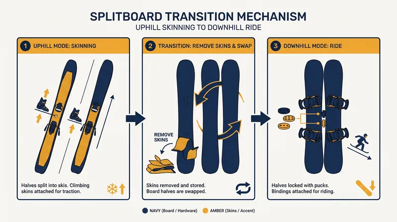 The splitboard transition: from uphill touring skis to a solid downhill snowboard.