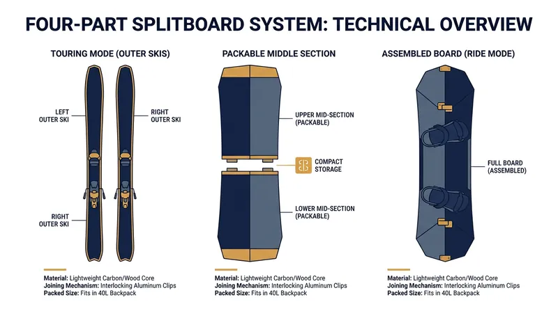 A 4-part splitboard breaks down further to provide narrower, more efficient touring skis while stowing the center mass in a backpack.