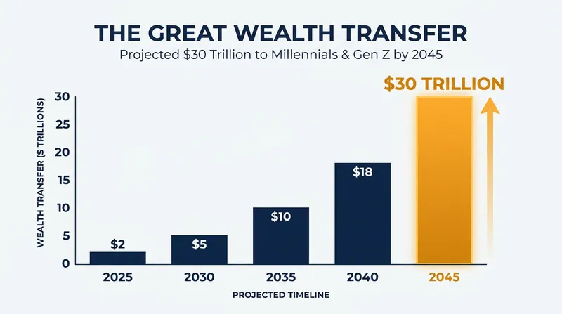 An estimated $30 trillion is expected to flow to younger generations over the next two decades.
