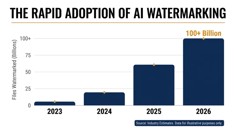 The scale of invisible watermarking has grown exponentially, passing 100 billion files by mid-2026.