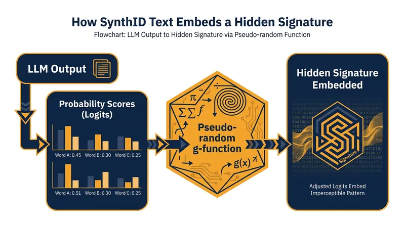 Text watermarking subtly adjusts the probability scores of words during generation to embed a traceable signature.
