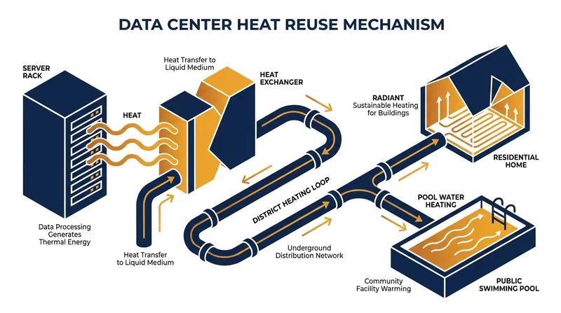 How thermal energy is transferred from cloud servers to municipal heating networks.