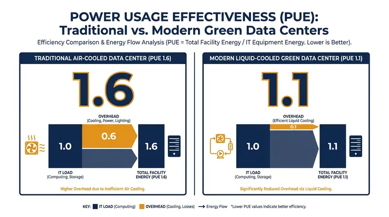 Lower PUE scores indicate that less energy is being wasted on overhead cooling.