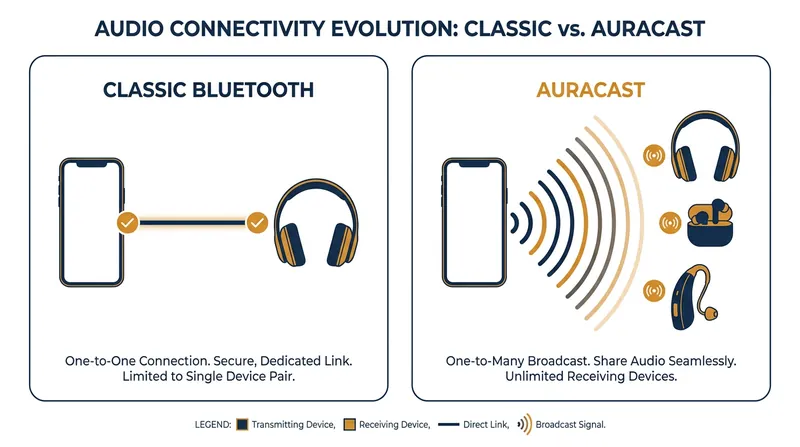 Unlike classic Bluetooth's one-to-one pairing, Auracast enables a single source to broadcast to an unlimited number of receivers.