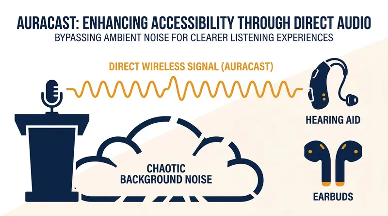 By delivering audio directly to hearing aids, Auracast bypasses room echo and background noise, drastically improving accessibility.