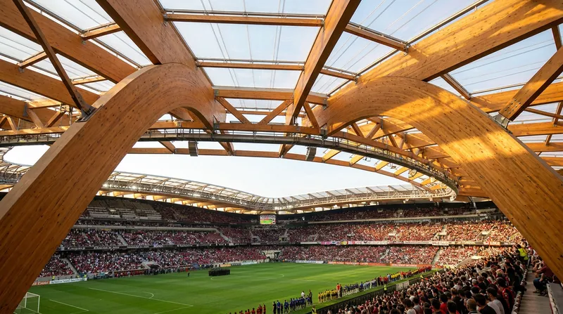 Engineered wood, or glulam, is replacing heavy steel and concrete to drastically lower the embodied carbon of new arenas.