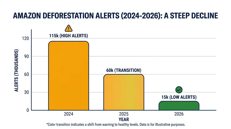 Satellite alerts show a consistent downward trend in forest clearing over the past 12 months.