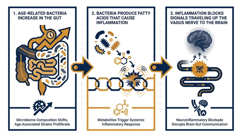 How age-related changes in gut bacteria disrupt communication with the brain.