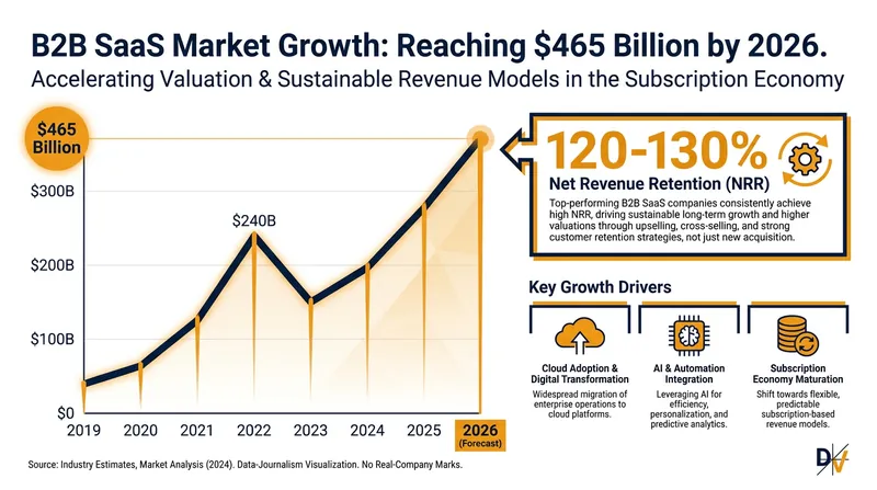 The global B2B SaaS market is projected to reach $465 billion, driven by high-retention recurring revenue models.