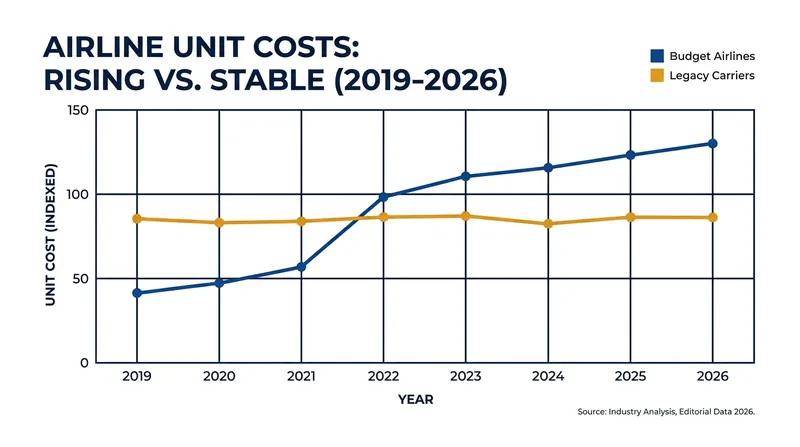 The structural cost advantage that once powered budget airlines has largely evaporated due to labor and fuel spikes.