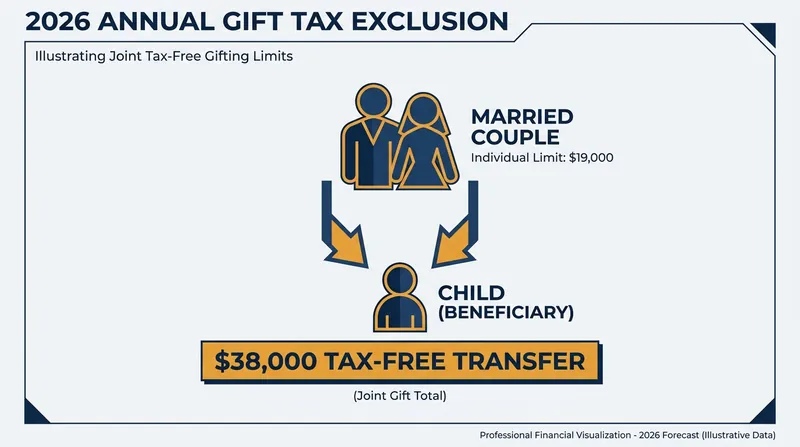 In 2026, a married couple can transfer up to $38,000 to any individual without triggering federal gift taxes or tapping their lifetime exemption.
