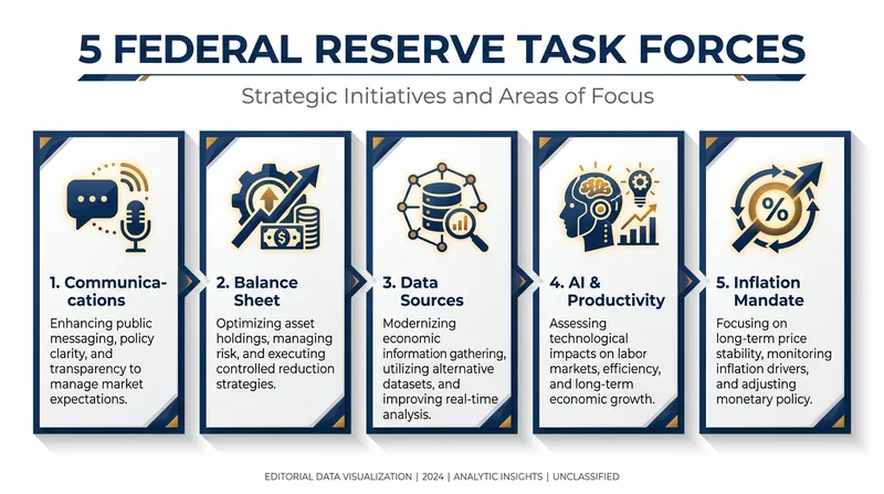Warsh announced five independent task forces to overhaul the central bank's operations by year-end.