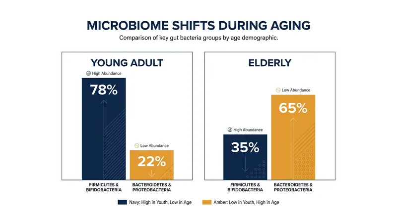 As humans age, beneficial bacteria populations decline while pro-inflammatory strains proliferate, contributing to systemic 'inflammaging'.