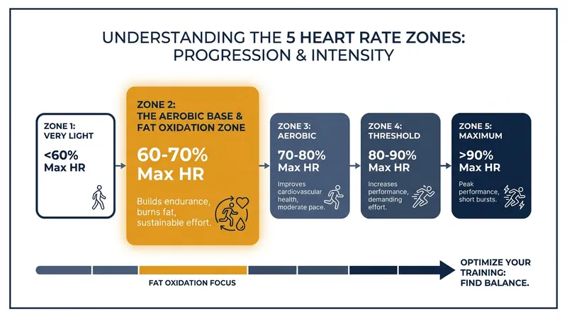 The five heart rate zones, with Zone 2 representing the optimal intensity for building an aerobic base.