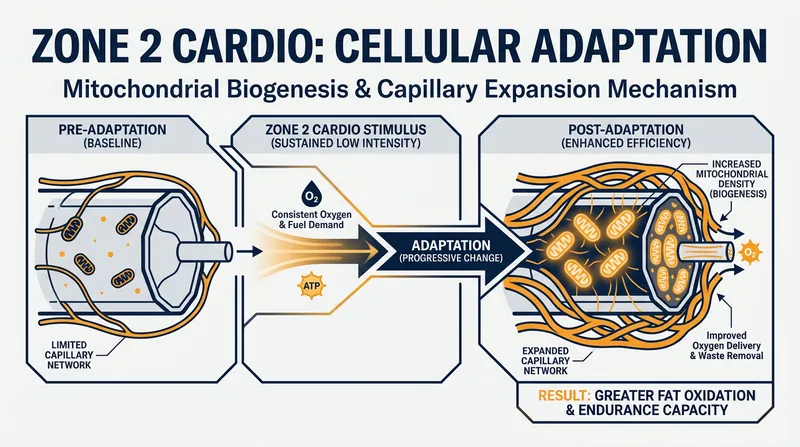 Sustained low-intensity exercise triggers mitochondrial biogenesis, physically increasing the number of energy-producing organelles in muscle cells.
