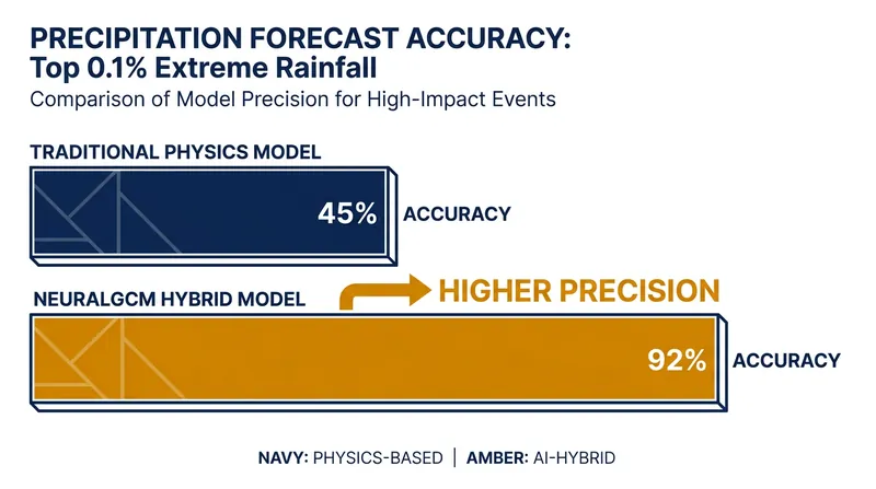 Hybrid models like NeuralGCM have demonstrated superior accuracy in predicting extreme rainfall events.