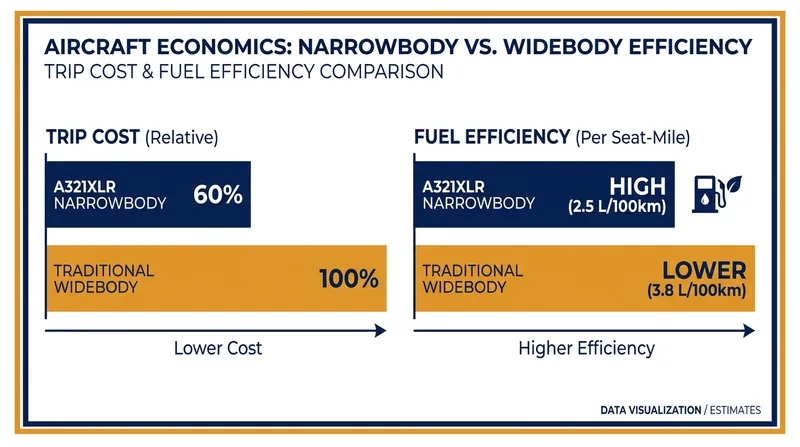 Operating the A321XLR costs significantly less per trip than a traditional widebody jet.