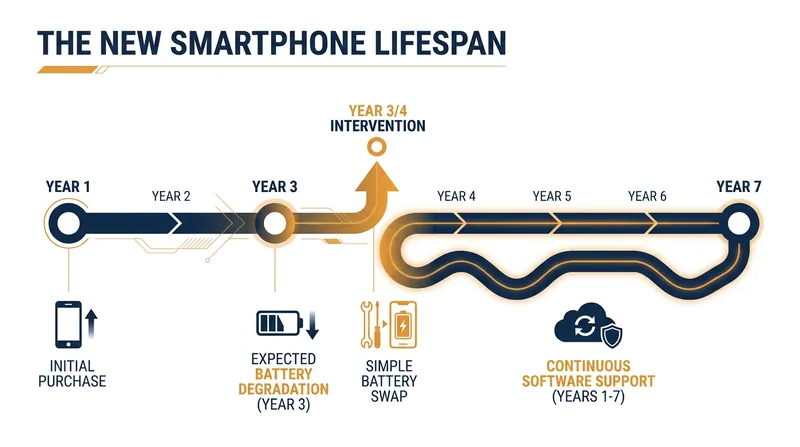 Extended software support combined with easy battery replacements can stretch a phone's viable lifespan to seven years or more.