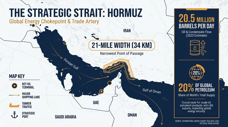 Geography and economic volume of the Strait of Hormuz.