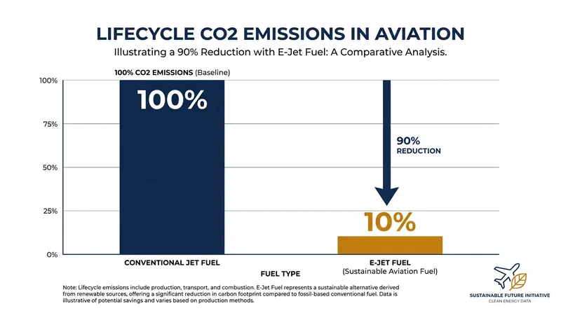 E-Jet fuel offers up to a 90% reduction in lifecycle greenhouse gas emissions compared to conventional jet fuel.