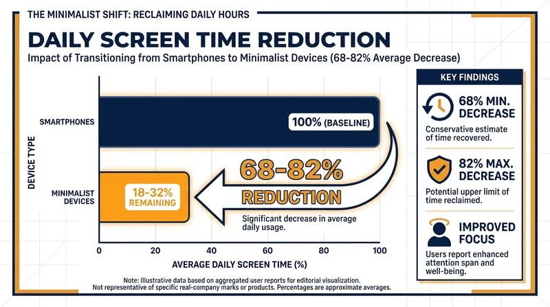 Switching to a minimalist device drastically reduces daily screen time and algorithmic engagement.