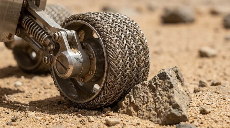 Unlike the rigid aluminum wheels used on Mars, ERNEST's wire-mesh wheels conform to the terrain for better traction.