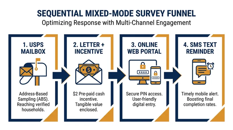 The sequential mixed-mode protocol ensures researchers reach citizens across multiple platforms.